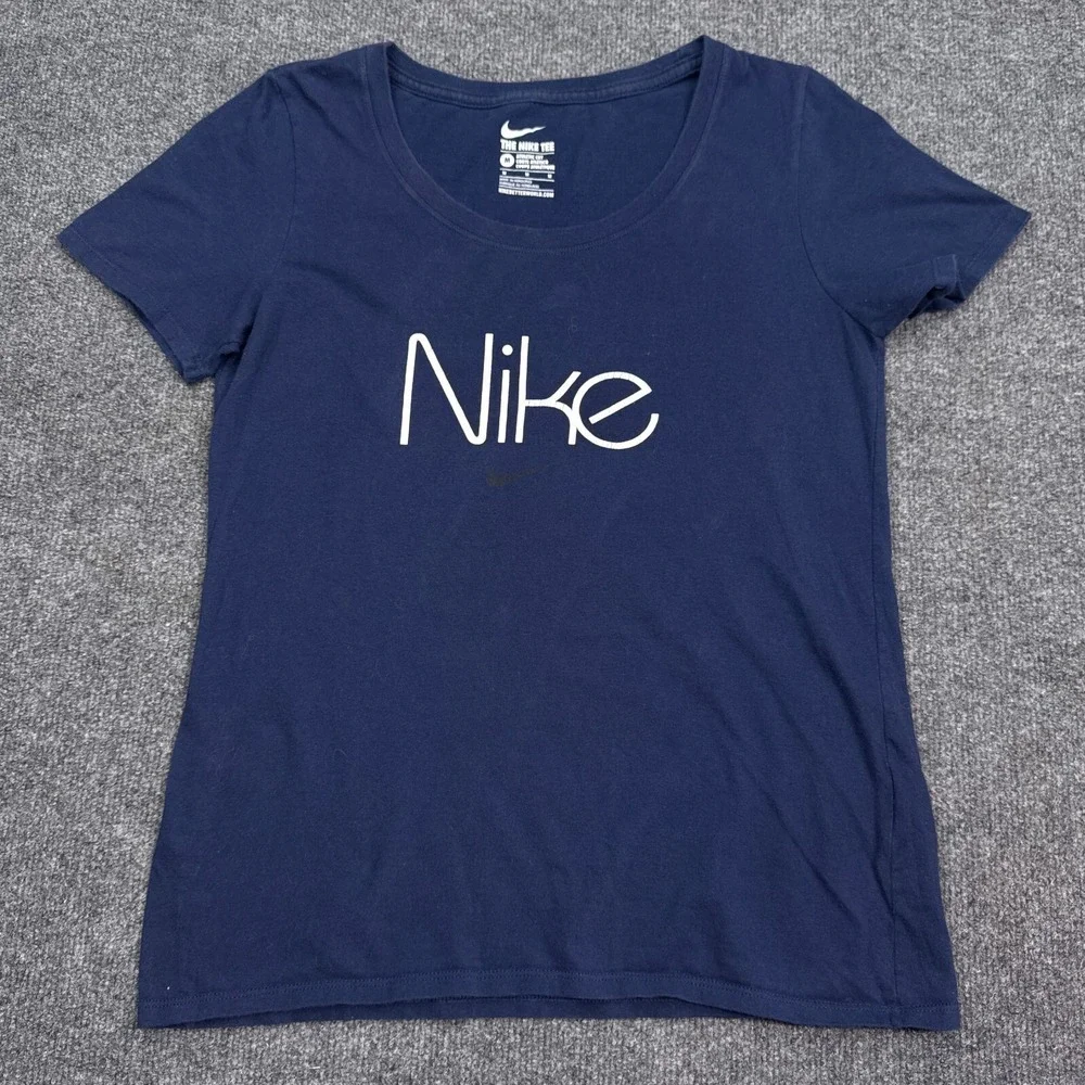 Nike Tee Shirt Top Womens Size Medium Navy Blue Athletic Cut Big Logo Athleisure
